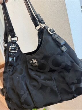 Coach Black Signature Jacquard Shoulder Bag with Patent Trim